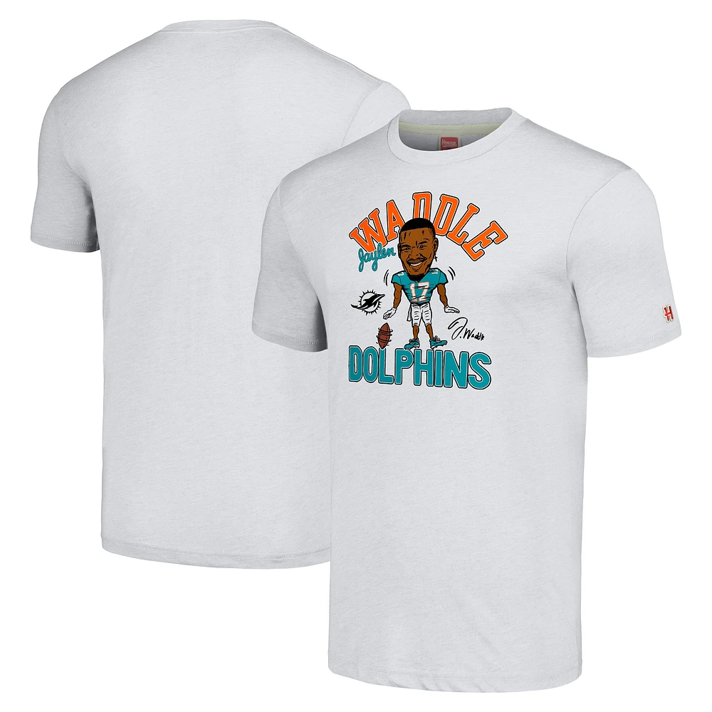 Men's Homage Jaylen Waddle Heathered Anthracite Miami Dolphins Caricature Player Tri-Blend T-Shirt