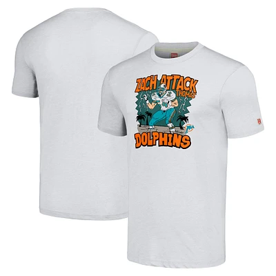 Men's Homage  Zach Thomas Heathered Ash Miami Dolphins Caricature Retired Player Tri-Blend T-Shirt