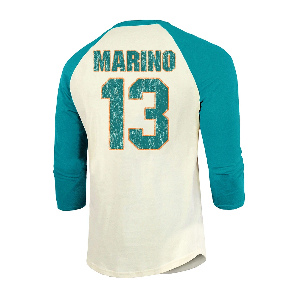 Men's Majestic Threads Dan Marino Cream/Aqua Miami Dolphins Retired Player Name & Number 3/4 Raglan Sleeve T-Shirt