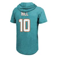 Men's Majestic Threads Tyreek Hill Aqua Miami Dolphins Player Name & Number Short Sleeve Hoodie T-Shirt