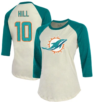 T-shirt Majestic Threads Tyreek Hill crème/aqua pour hommes, Miami Dolphins Vintage Player Name & Number Raglan à manches 3/4