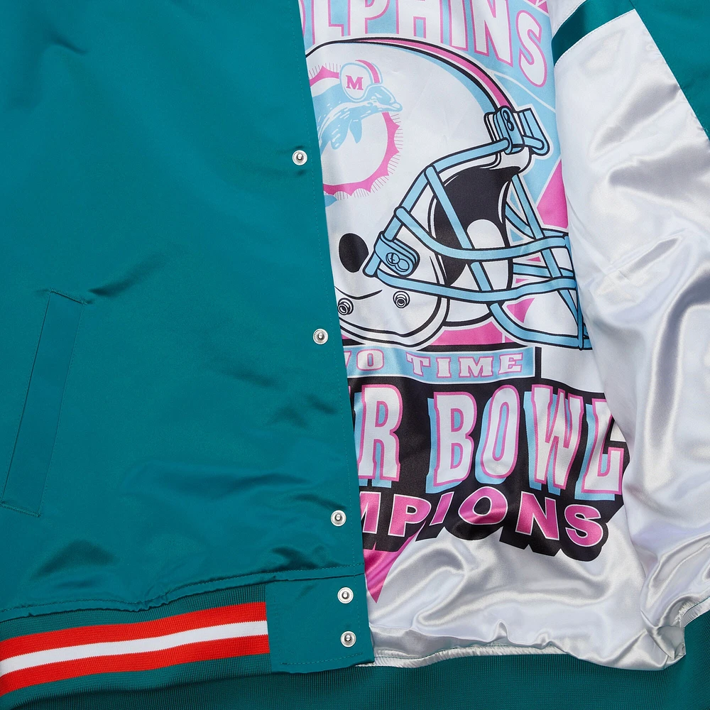 Men's Mitchell & Ness Aqua Miami Dolphins Double Down Satin Full-Snap Jacket