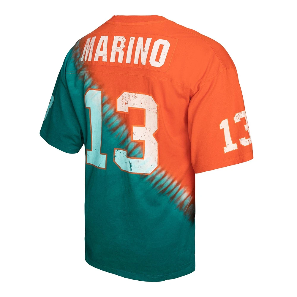 Men's Mitchell & Ness Dan Marino Aqua/Orange Miami Dolphins Retired Player Name Number Diagonal Tie-Dye - V-Neck T-Shirt