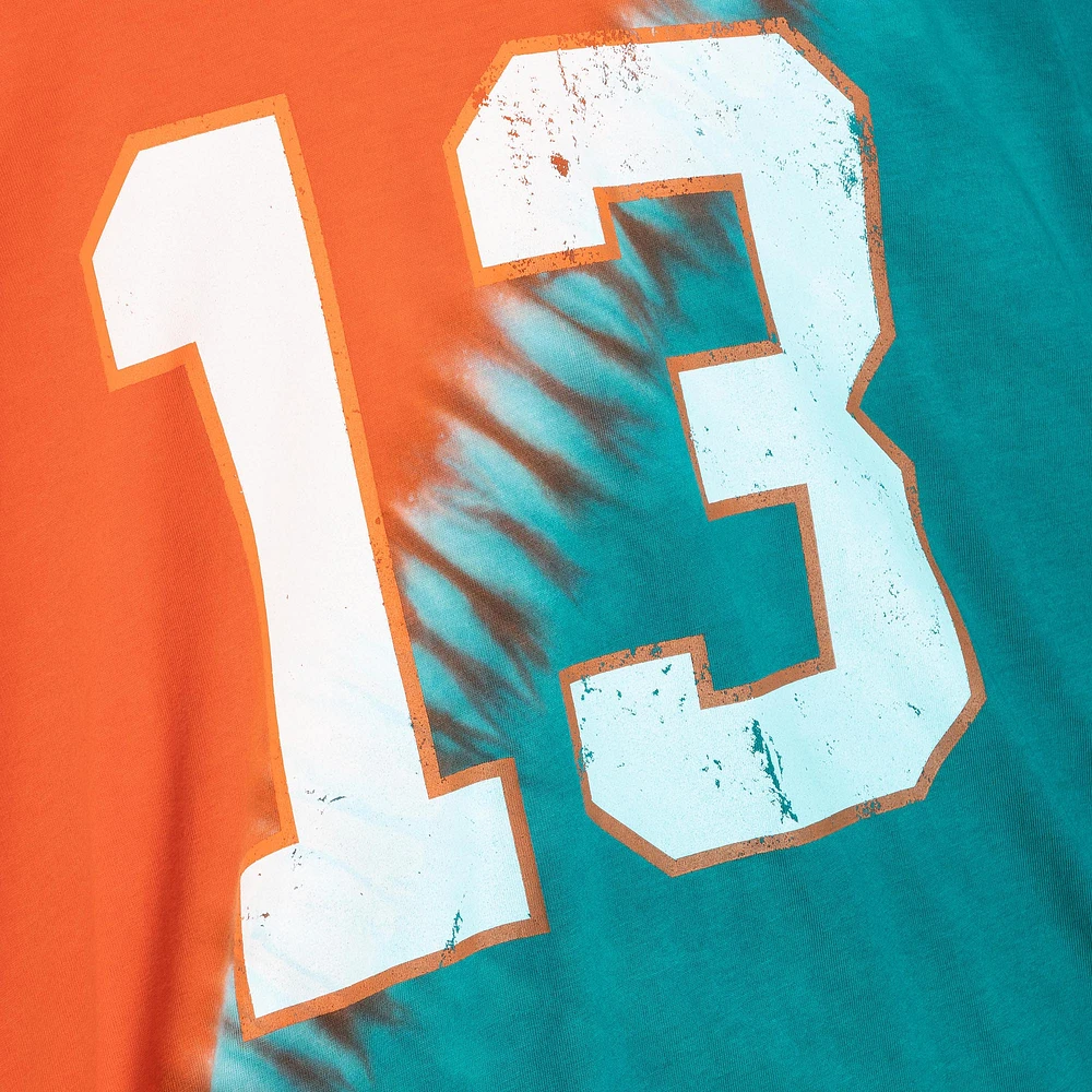 Men's Mitchell & Ness Dan Marino Aqua/Orange Miami Dolphins Retired Player Name Number Diagonal Tie-Dye - V-Neck T-Shirt