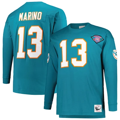 Men's Mitchell & Ness Dan Marino Aqua Miami Dolphins Big Tall Cut Sew Player Name Number Long Sleeve T-Shirt