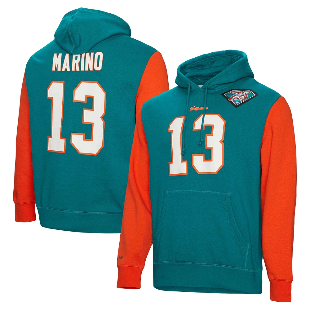 Mitchell & Ness Dan Marino Aqua Miami Dolphins Nom et numéro du joueur retraité pour hommes - Sweat à capuche