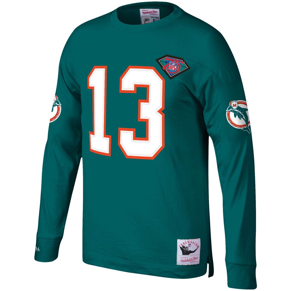 Men's Mitchell & Ness Dan Marino Aqua Miami Dolphins Throwback Retired Player Name Number Long Sleeve Top Size: Extra Large