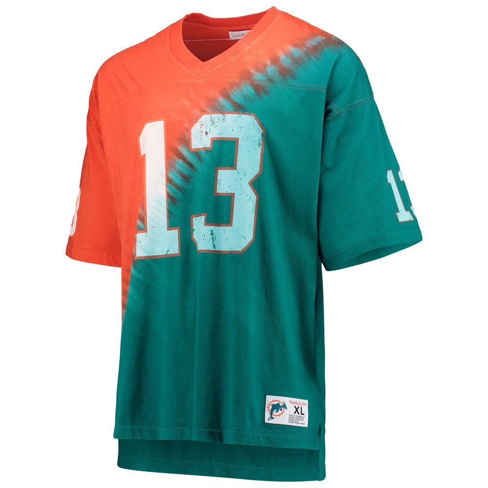 Men's Mitchell & Ness Dan Marino Orange/Aqua Miami Dolphins Retired Player Name Number Diagonal Tie-Dye V-Neck T-Shirt