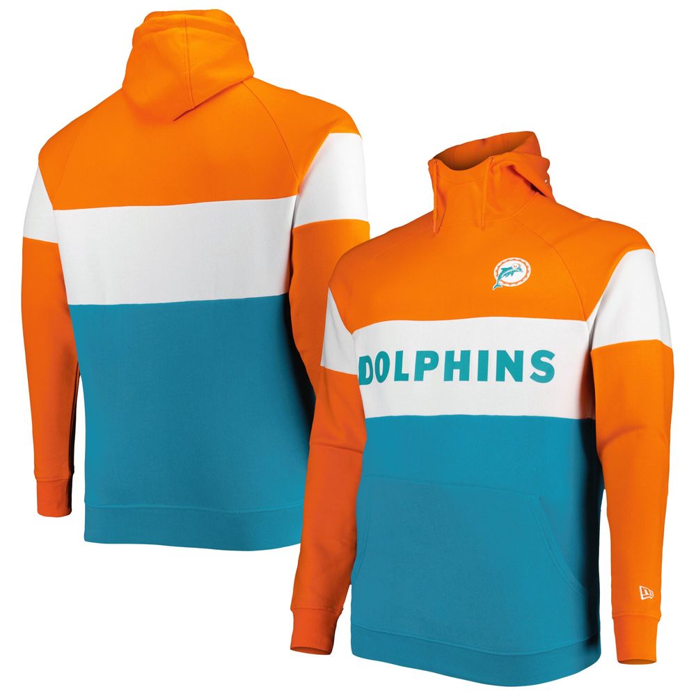 Men's New Era Aqua Miami Dolphins Big & Tall Throwback Colorblock Raglan Pullover Hoodie