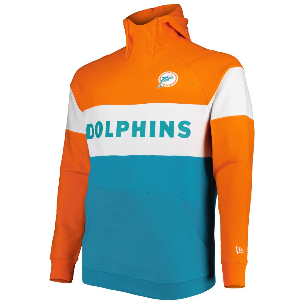 Men's New Era Aqua Miami Dolphins Big & Tall Throwback Colorblock Raglan Pullover Hoodie