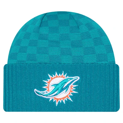 Bonnet en tricot à revers à carreaux Miami Dolphins Aqua New Era pour homme