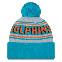 Bonnet en tricot à revers principal Aqua Miami Dolphins New Era pour hommes avec pompon