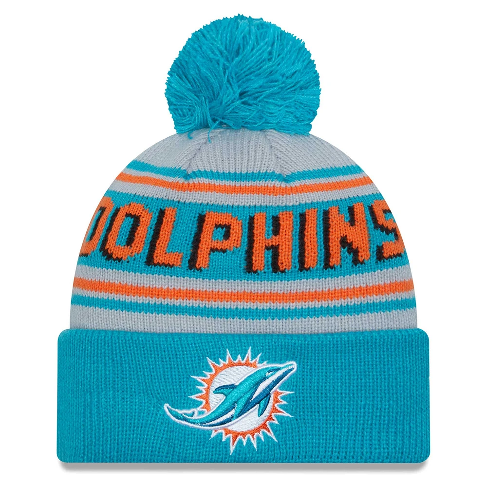 Bonnet en tricot à revers principal Aqua Miami Dolphins New Era pour hommes avec pompon