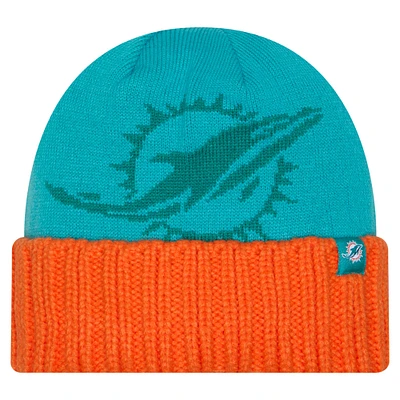 Bonnet en tricot à revers surdimensionné pour homme New Era Aqua Miami Dolphins