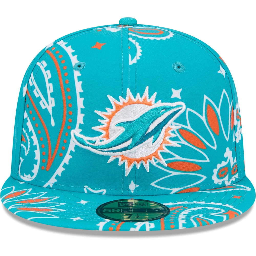 Casquette ajustée 59FIFTY Aqua Miami Dolphins Paisley pour hommes New Era