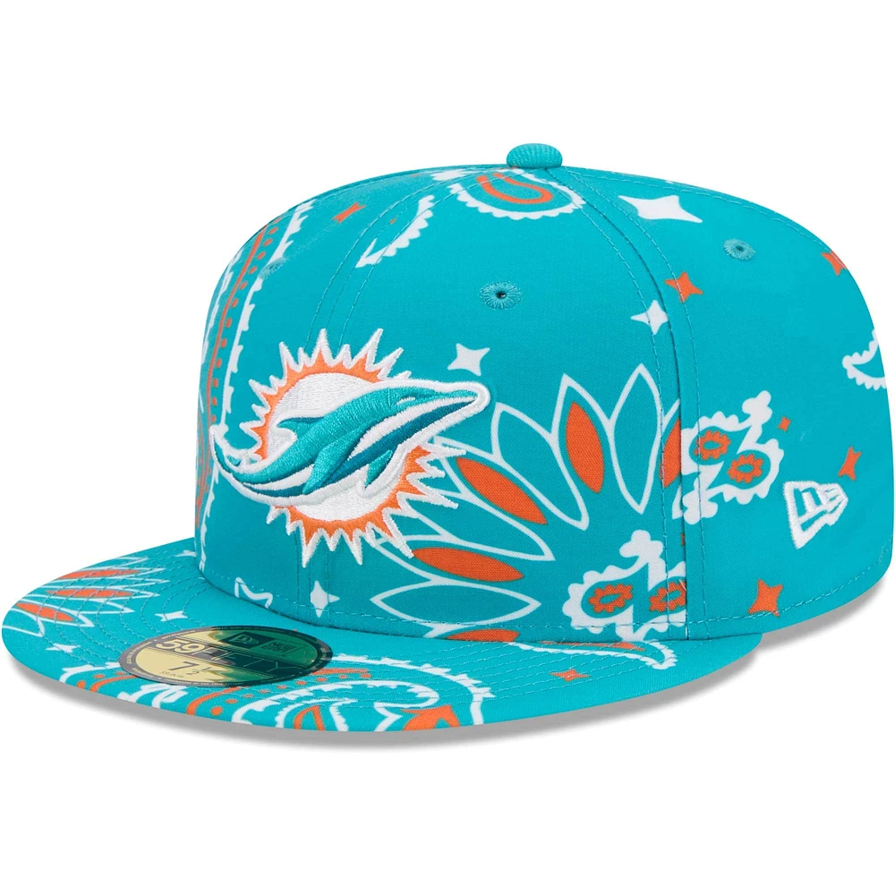 Casquette ajustée 59FIFTY Aqua Miami Dolphins Paisley pour hommes New Era