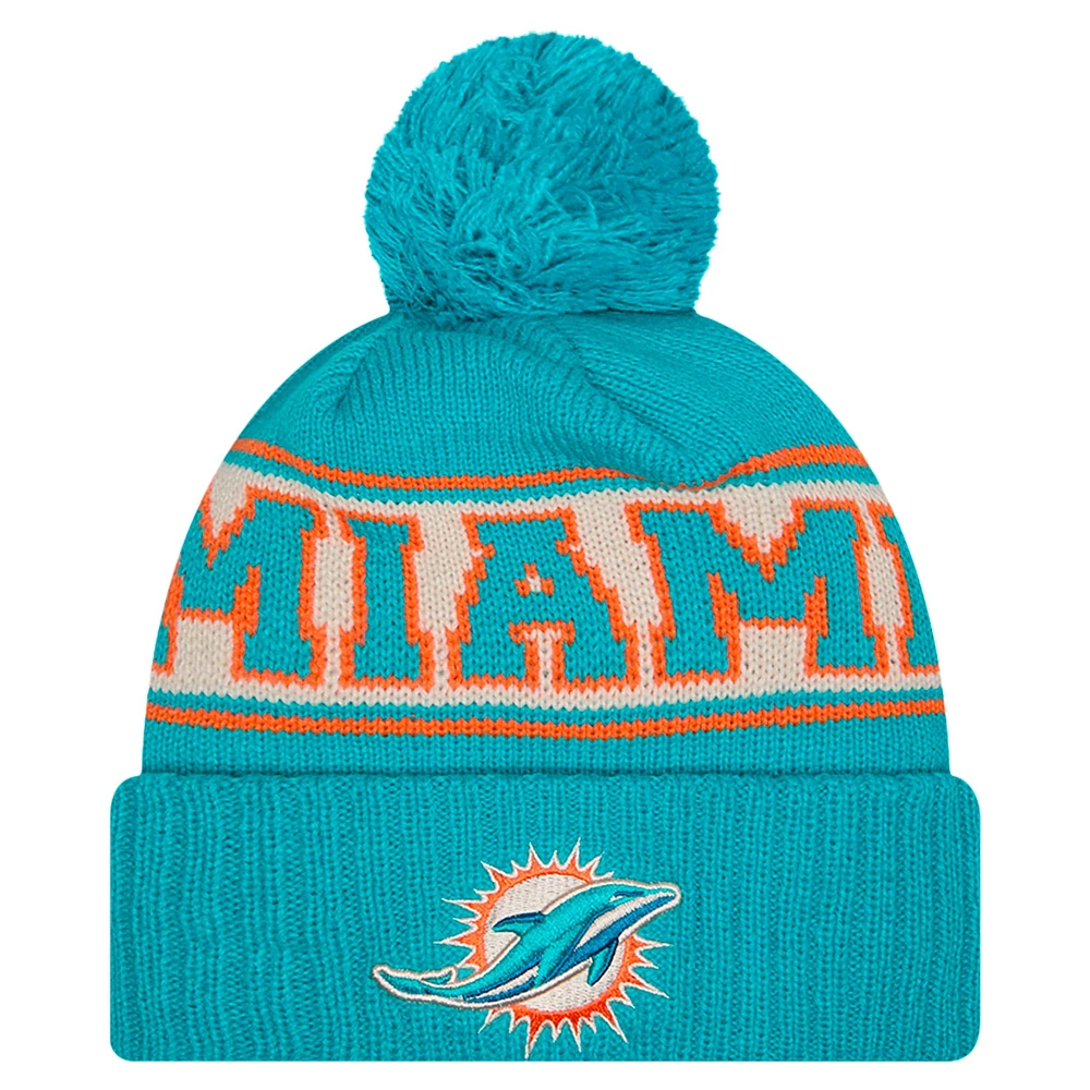 Men's New Era Aqua Miami Dolphins Retro Cuffed Knit Hat with Pom