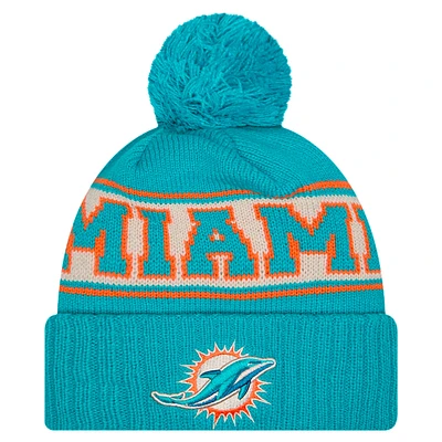 Bonnet en tricot à revers rétro Miami Dolphins New Era Aqua pour homme avec pompon