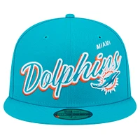 Men's New Era Aqua Miami Dolphins  Script Sided 59FIFTY Fitted Hat