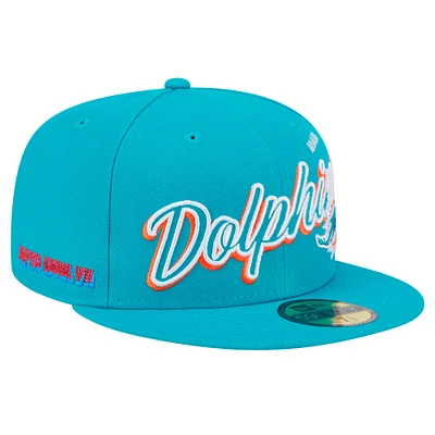 Men's New Era Aqua Miami Dolphins  Script Sided 59FIFTY Fitted Hat