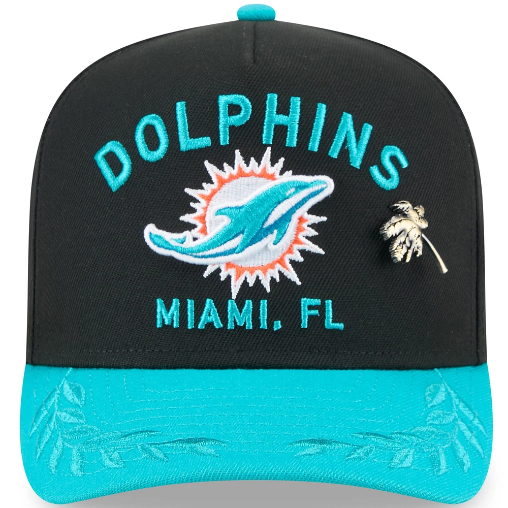 Men's New Era Black/Aqua Miami Dolphins 2025 NFL Draft On Stage A-Frame 59FIFTY Fitted Hat