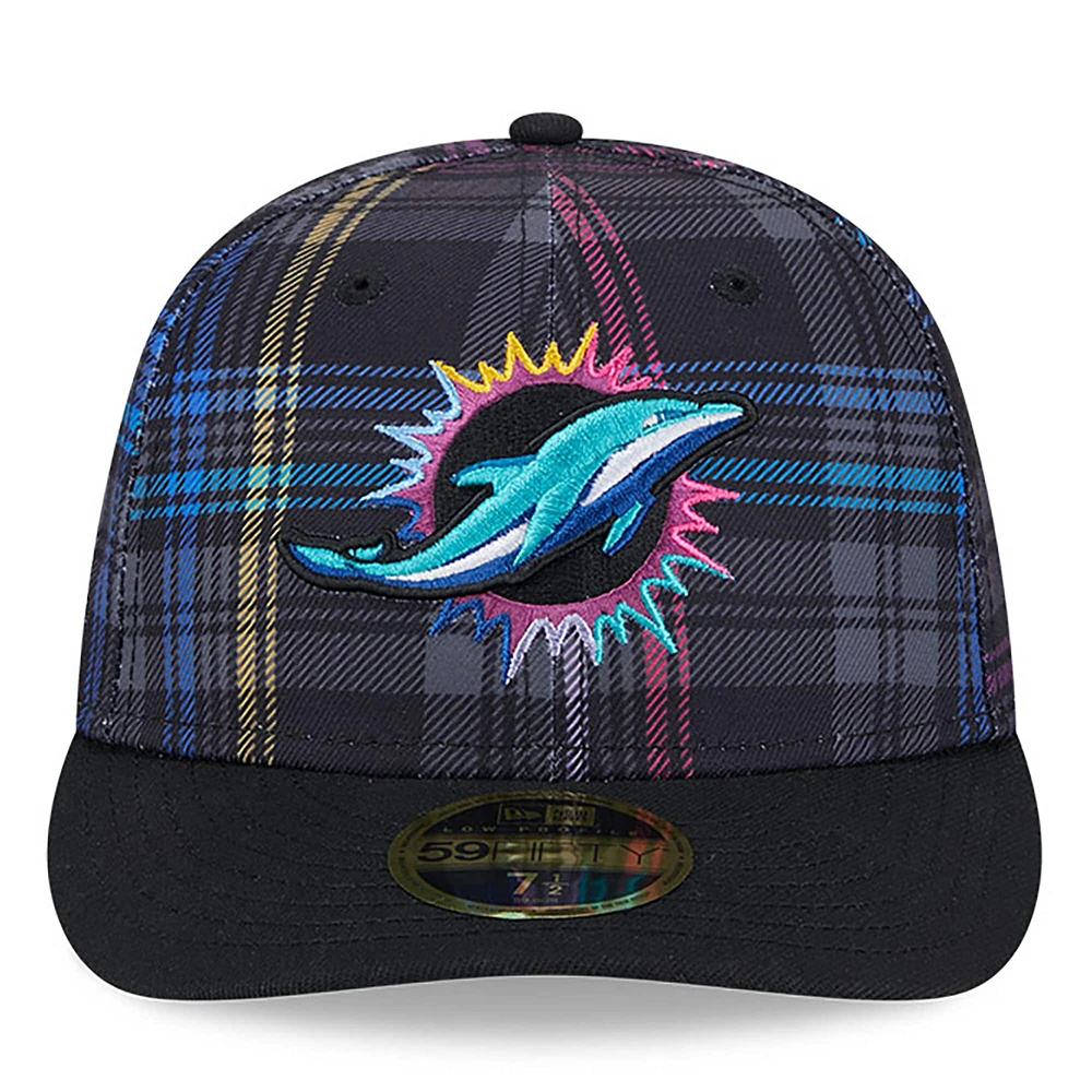 Casquette ajustée 59FIFTY à profil bas carreaux NFL Crucial Catch 2024 Miami Dolphins New Era noire pour homme