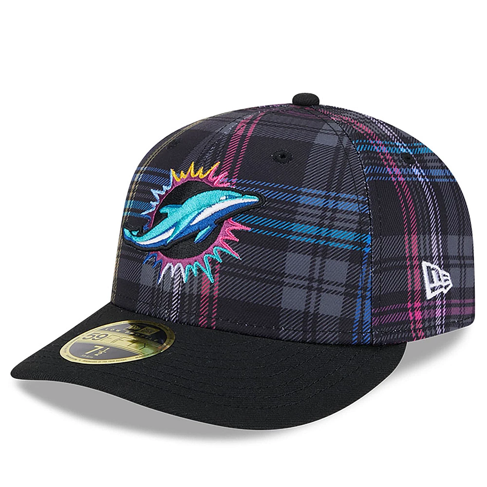 Casquette ajustée 59FIFTY à profil bas carreaux NFL Crucial Catch 2024 Miami Dolphins New Era noire pour homme