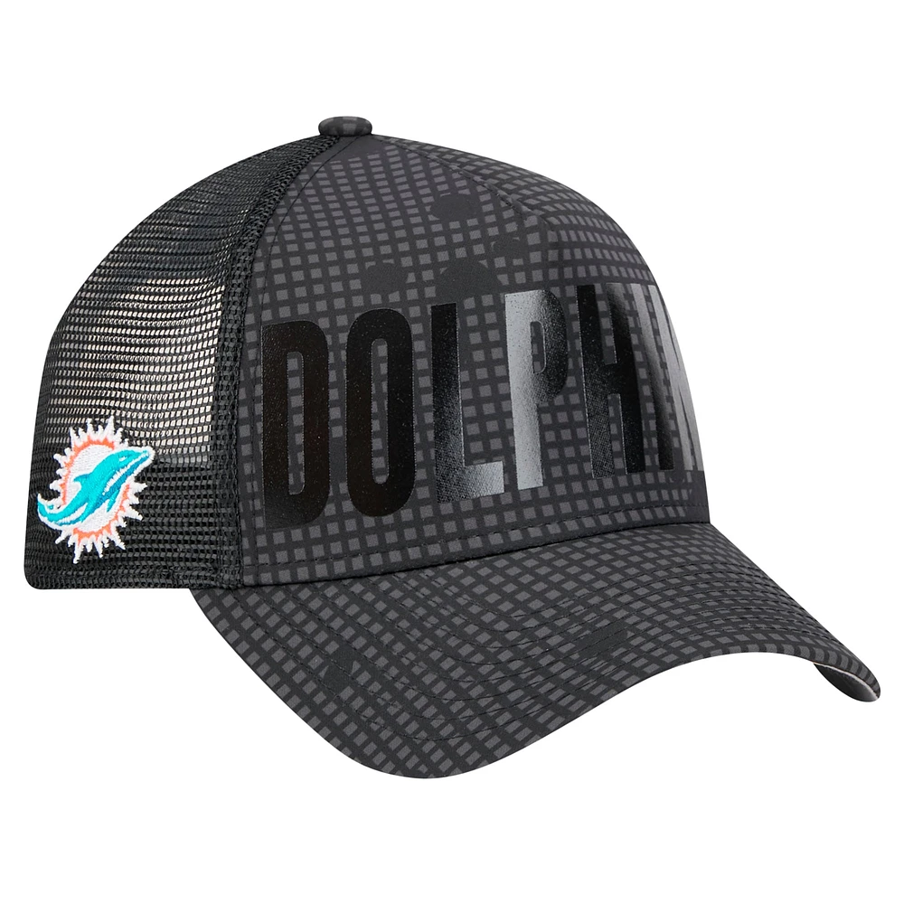 Men's New Era Black Miami Dolphins  Midnight Ink Tonal Text A-Frame Trucker 9FORTY Adjustable Hat