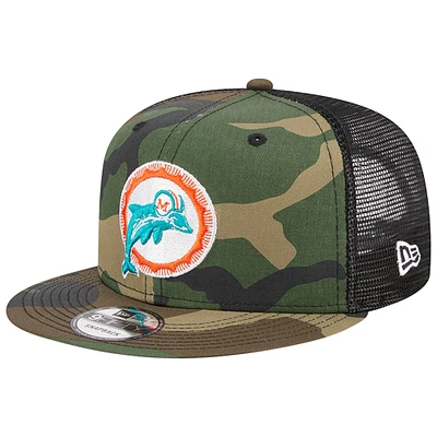 Men's New Era Camo Miami Dolphins Throwback Main Trucker 9FIFTY Snapback Hat