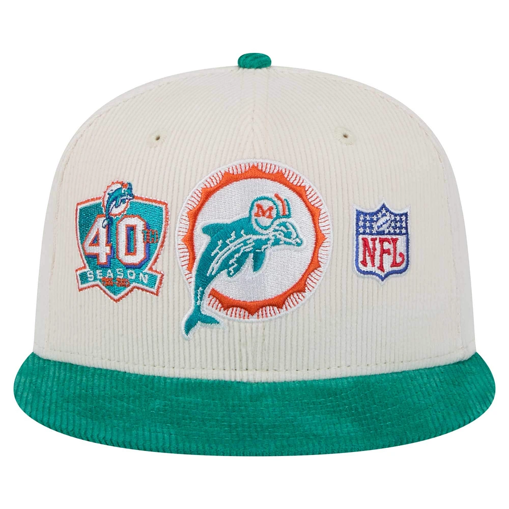 Men's New Era Cream/Aqua Miami Dolphins Throwback Corduroy 59FIFTY Fitted Hat