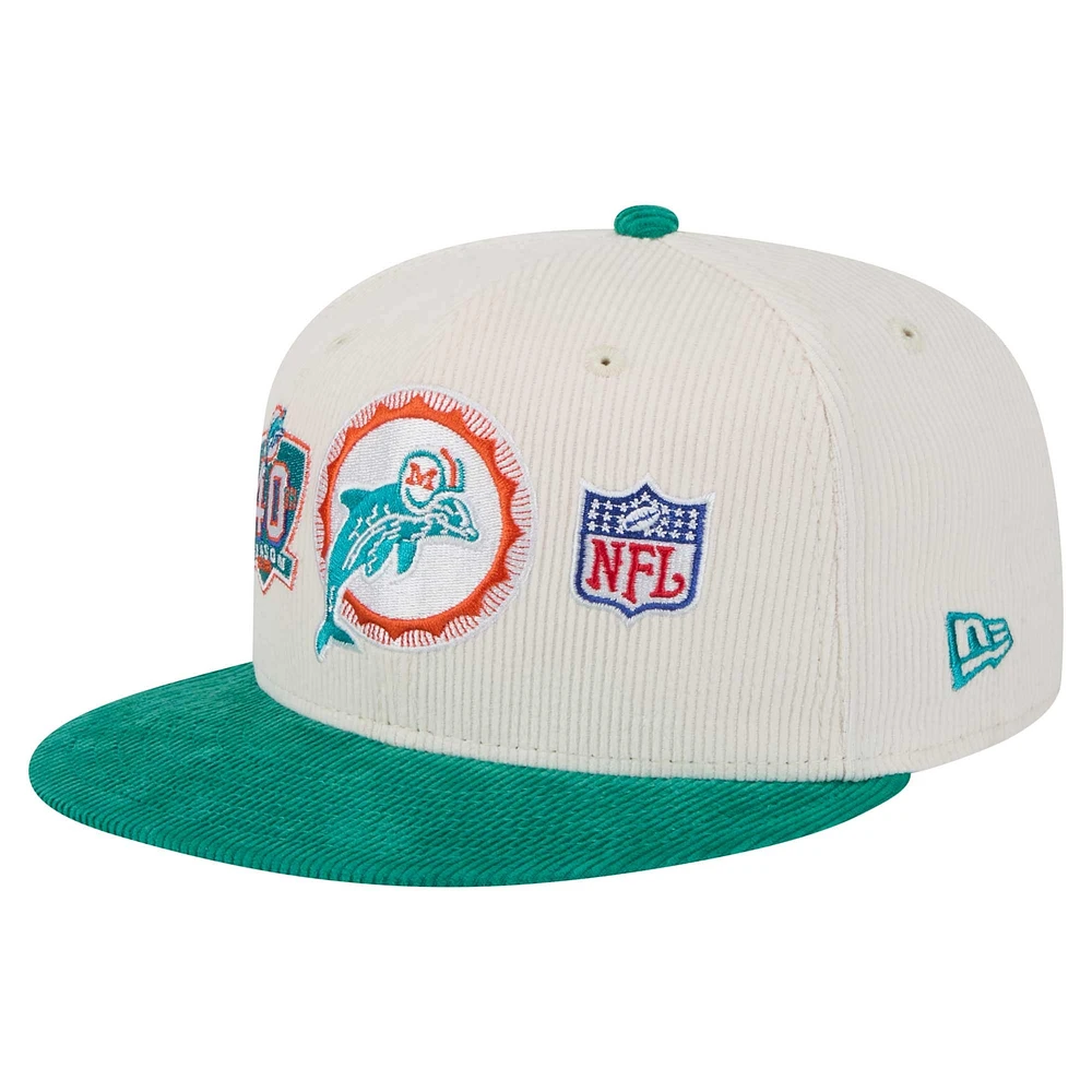 Men's New Era Cream/Aqua Miami Dolphins Throwback Corduroy 59FIFTY Fitted Hat