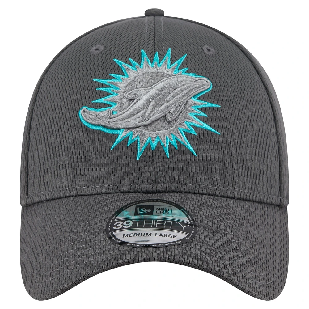 Casquette New Era Graphite Miami Dolphins Main 39THIRTY Flex pour homme