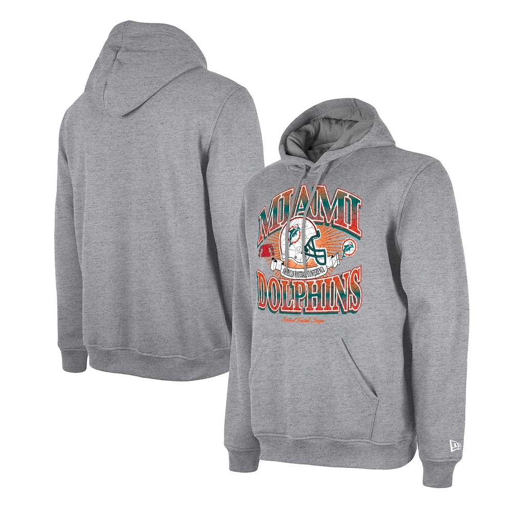 Men's New Era Heather Gray Miami Dolphins Retro Pullover Hoodie