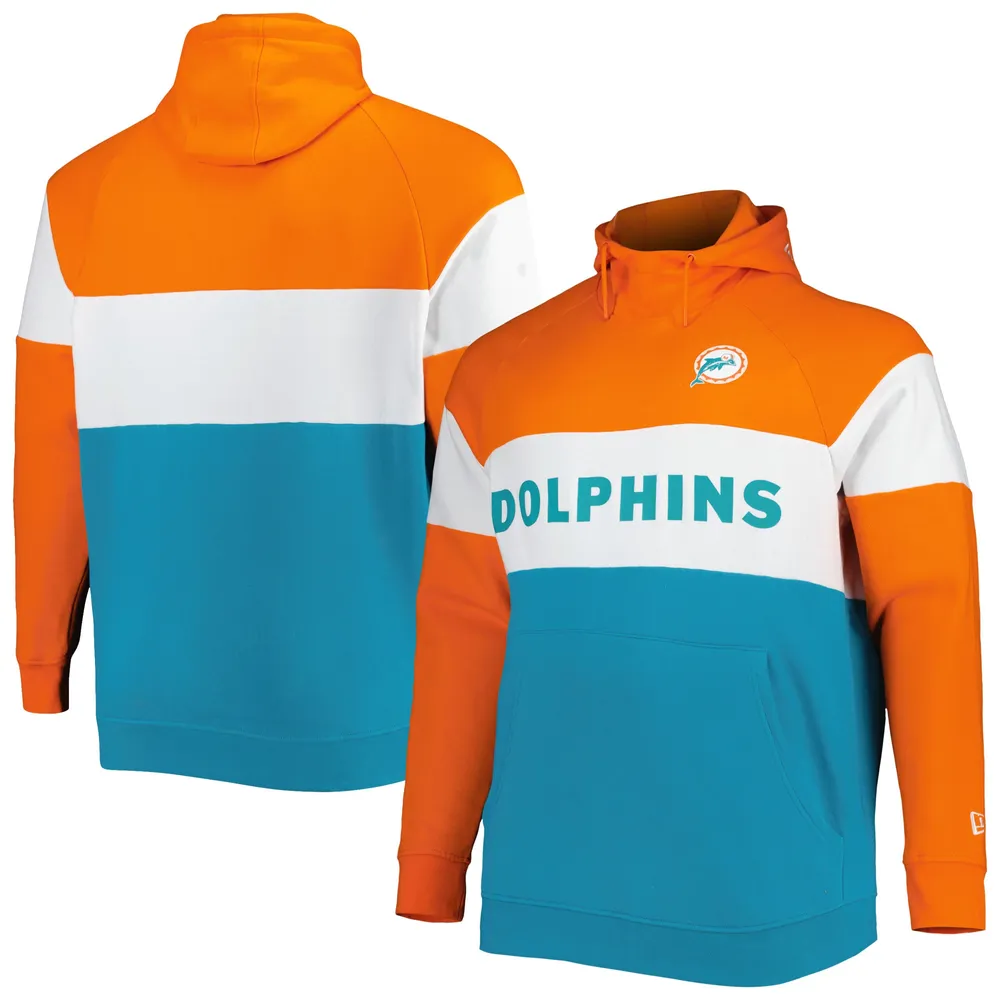 Sweat à capuche raglan Big & Tall Throwback en molleton blocs de couleurs orange/aqua Miami Dolphins New Era pour homme