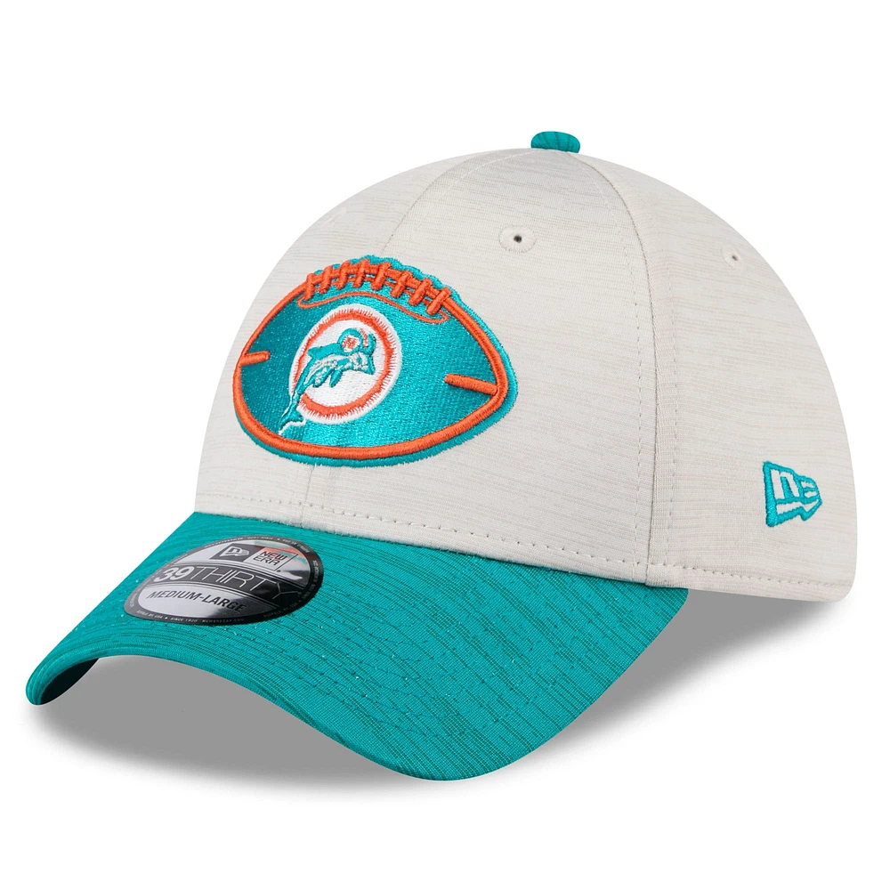 Men's New Era Stone/Aqua Miami Dolphins 2024 Sideline Historic 39THIRTY Flex Hat