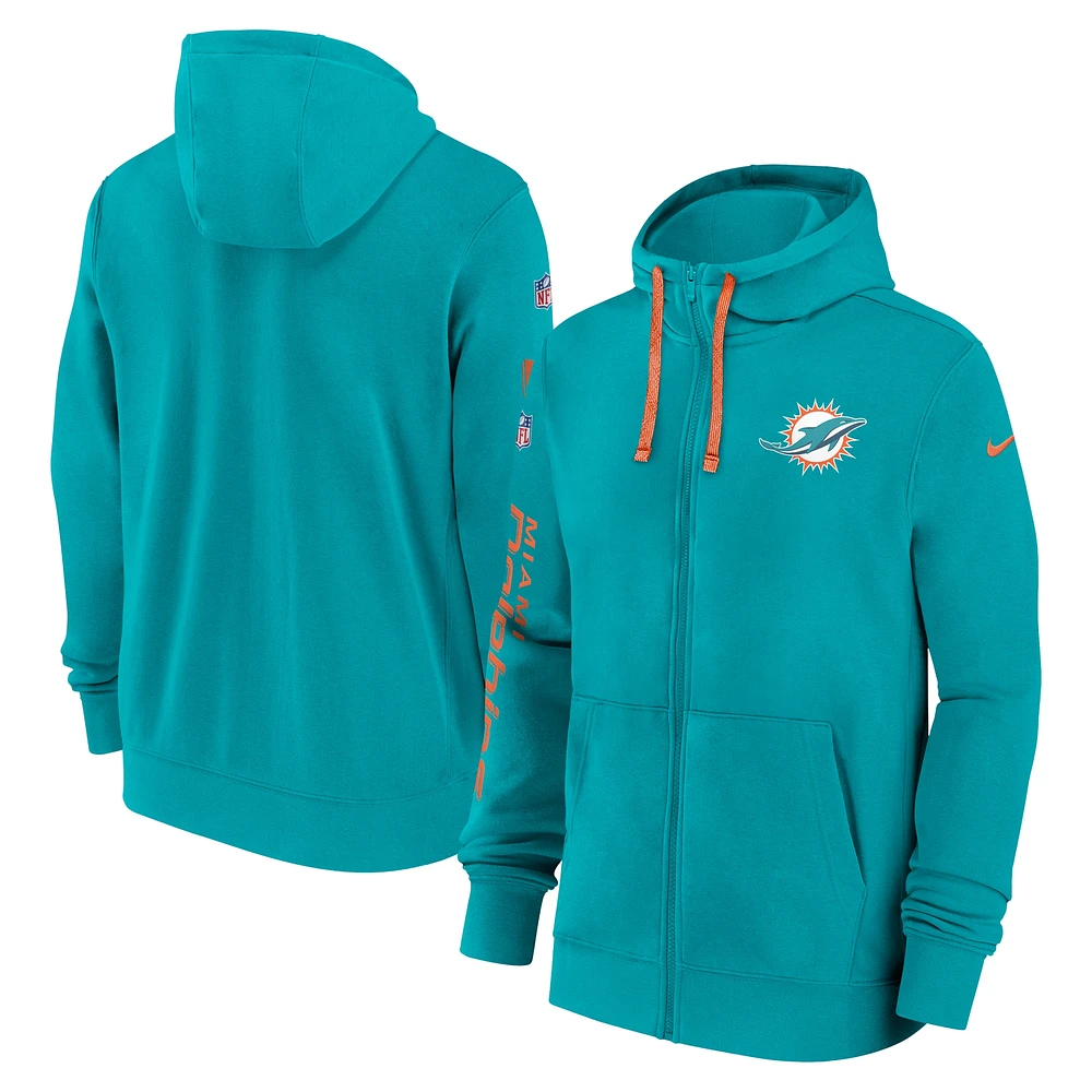 Sweat à capuche entièrement zippé Nike Aqua Miami Dolphins 2024 Sideline Club pour homme