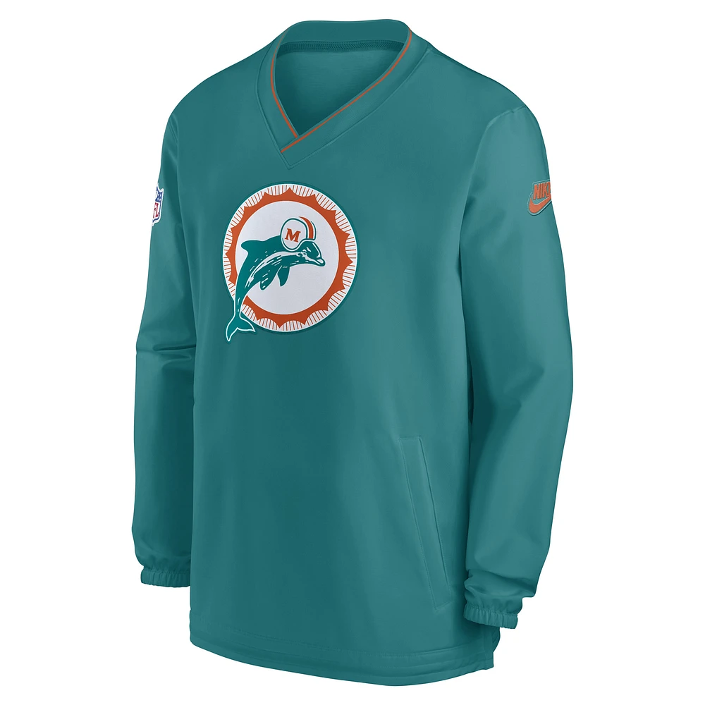 Coupe-vent à manches longues et col en V Nike Aqua Miami Dolphins 2024 Sideline Throwback Logo pour homme