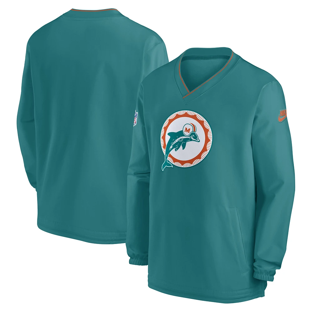 Coupe-vent à manches longues et col en V Nike Aqua Miami Dolphins 2024 Sideline Throwback Logo pour homme