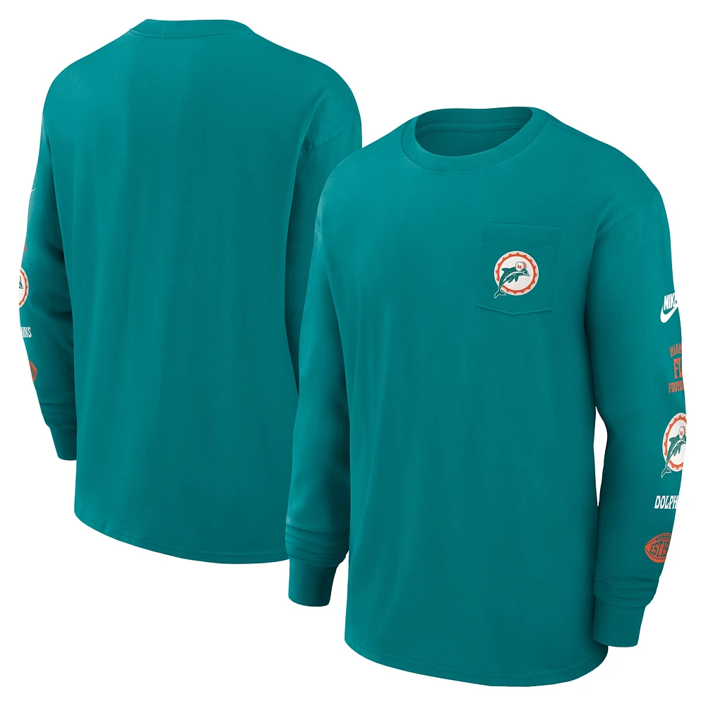 T-shirt à manches longues Nike Aqua Miami Dolphins Rewind Heavy Max 90 avec poche pour homme