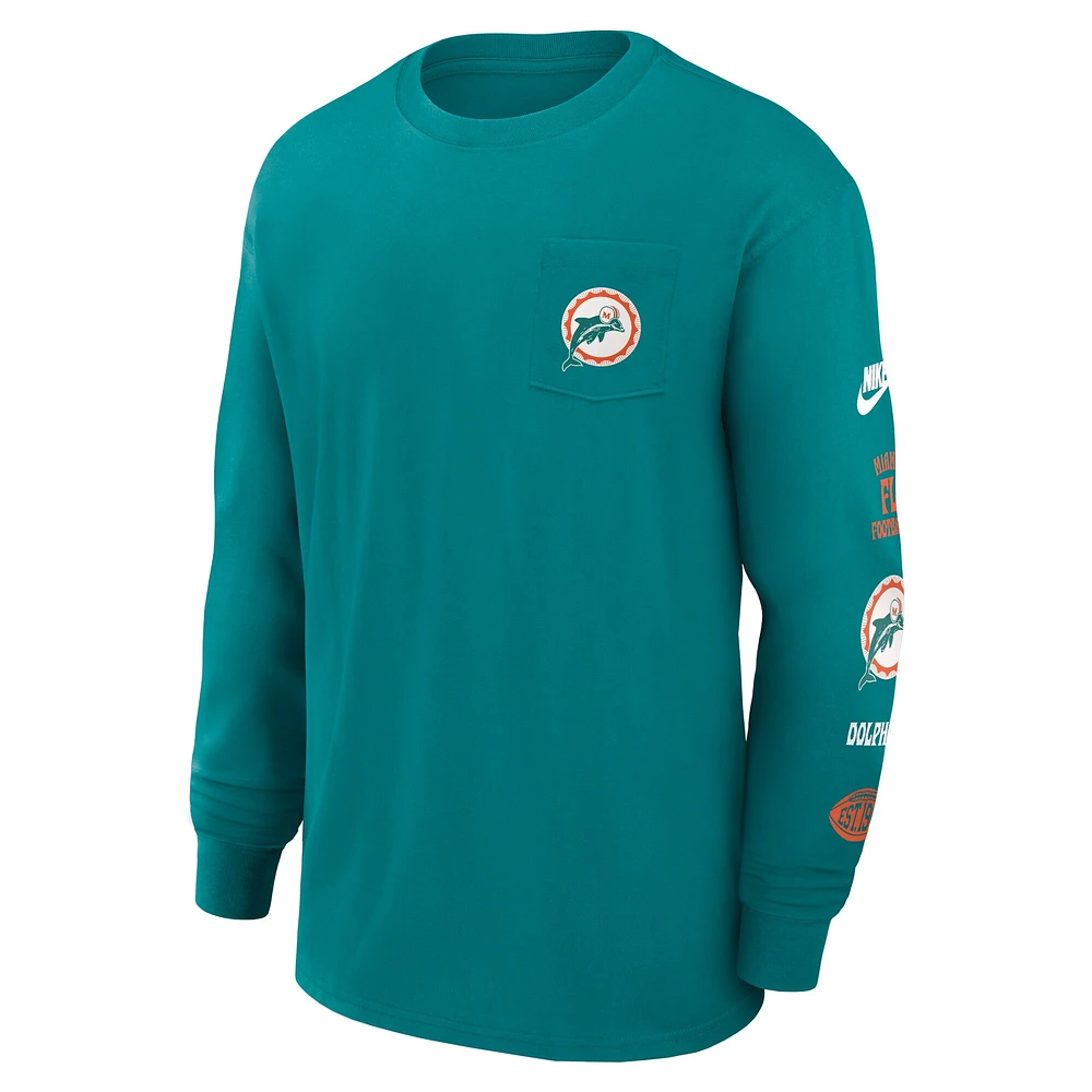 T-shirt Nike Aqua Miami Dolphins Rewind Heavy Max90 à manches longues et poches pour homme