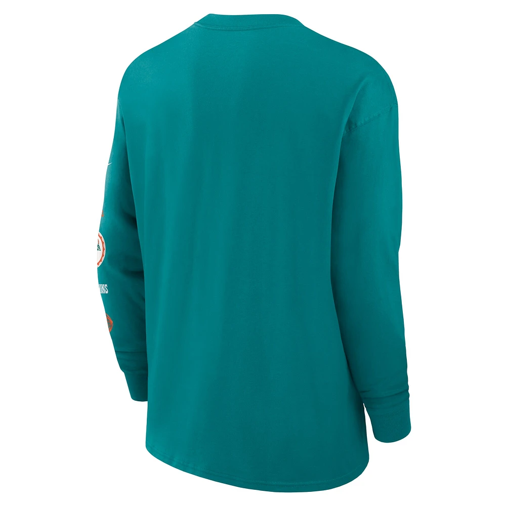 T-shirt Nike Aqua Miami Dolphins Rewind Heavy Max90 à manches longues et poches pour homme