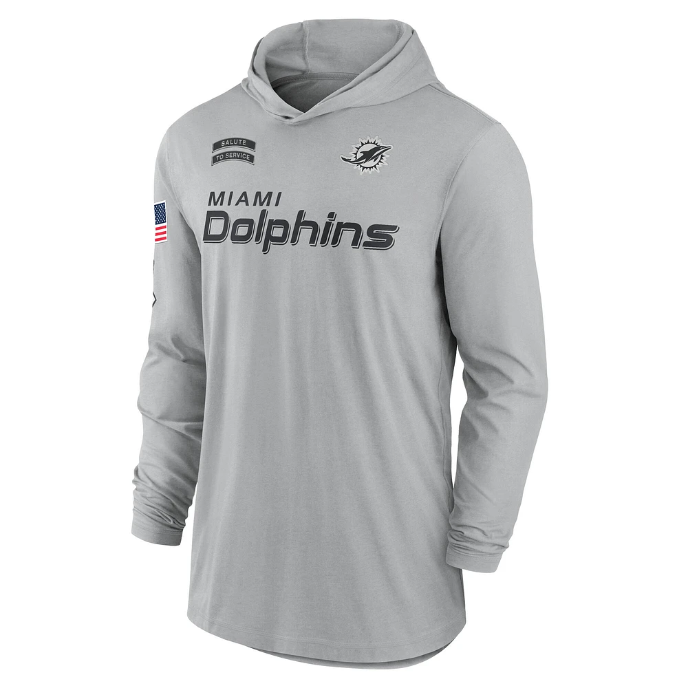 T-shirt à capuche léger manches longues et Nike Silver Miami Dolphins 2024 Salute to Service Dri-Fit pour homme