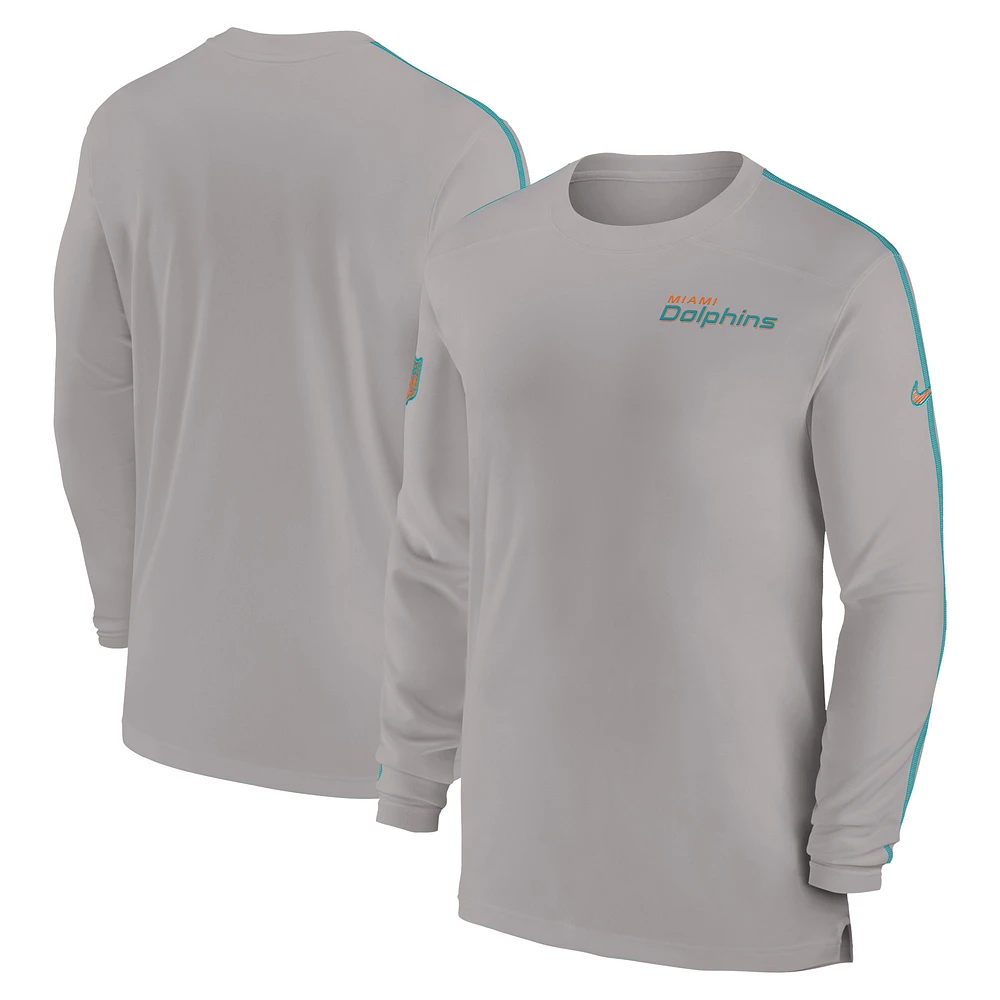 T-shirt à manches longues Nike gris Miami Dolphins Sideline Coach UV Performance pour homme