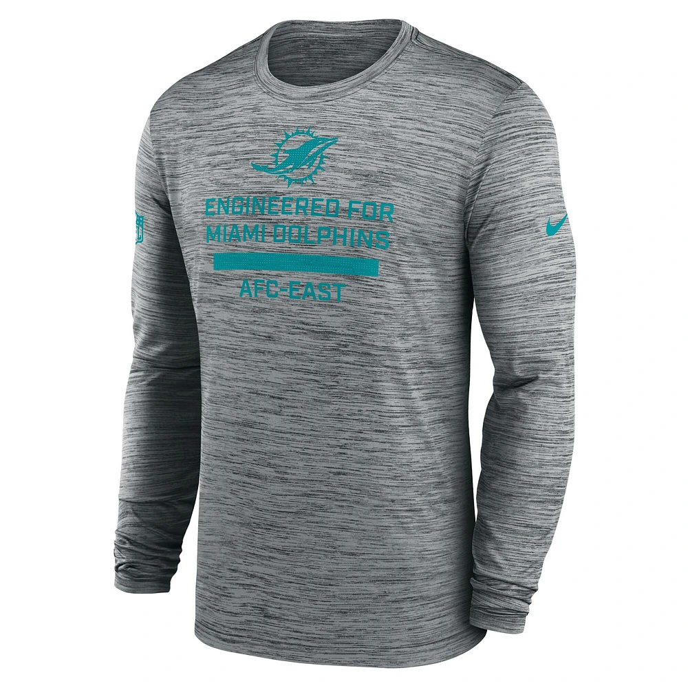 T-shirt Nike gris à manches longues Sideline Velocity Performance pour homme des Dolphins de Miami