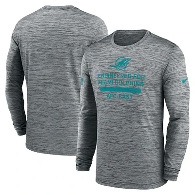 T-shirt Nike gris à manches longues Sideline Velocity Performance pour homme des Dolphins de Miami