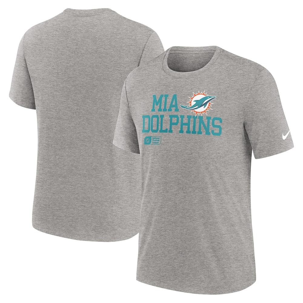 T-shirt Nike Heather Grey Miami Dolphins Overlap Lockup Tri-Blend pour homme