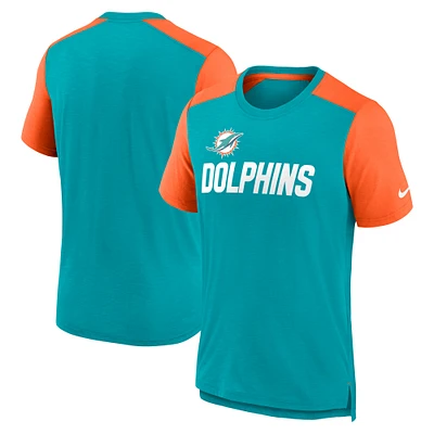 Men's Nike Heathered Aqua/Heathered Orange Miami Dolphins Color Block Team Name T-Shirt