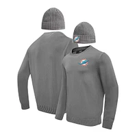 Men's Pro Standard Gray Miami Dolphins Crewneck Pullover Sweater & Cuffed Knit Hat Box Gift Set