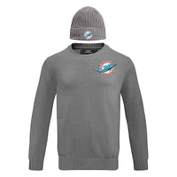 Men's Pro Standard Gray Miami Dolphins Crewneck Pullover Sweater & Cuffed Knit Hat Box Gift Set