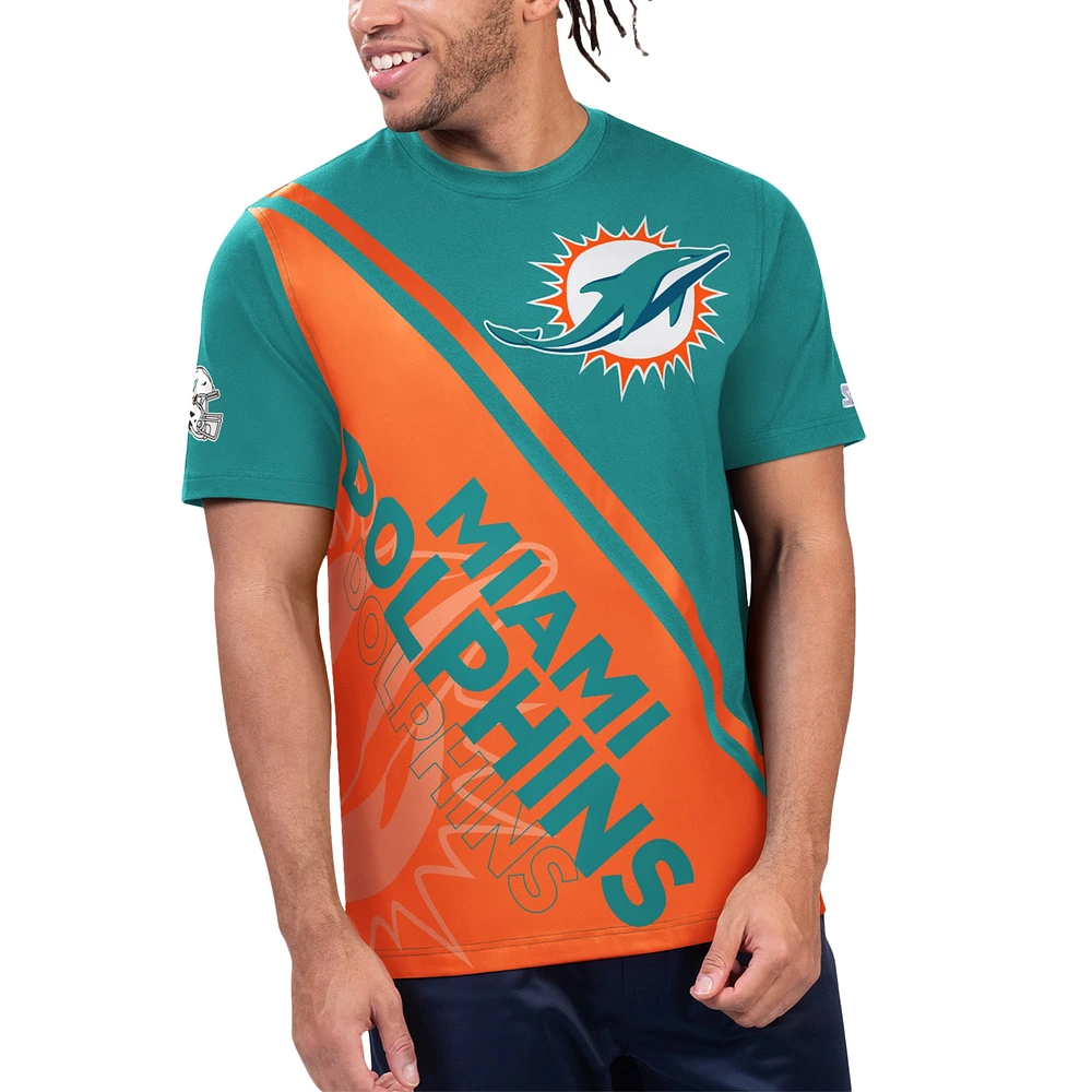 T-shirt de la ligne d'arrivée des Dolphins Miami Starter Aqua/Orange pour hommes